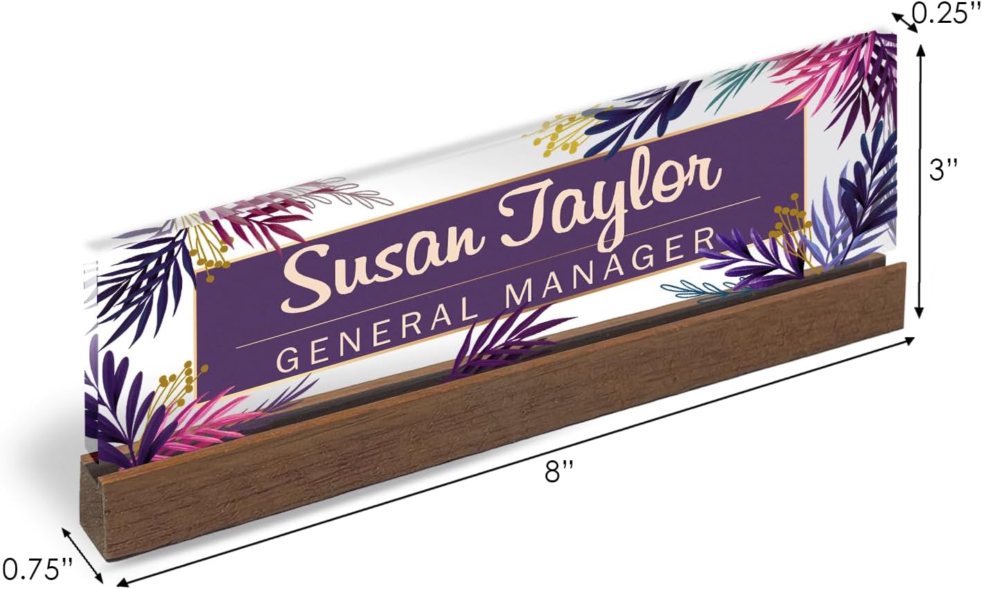 Artblox Personalized Office Desk Name Plate and Business Card Holder | Clear Acrylic Glass with Teak Wood Stand | Purple Leaf Design Customized with Your Name and Credentials Office Desk Decor
