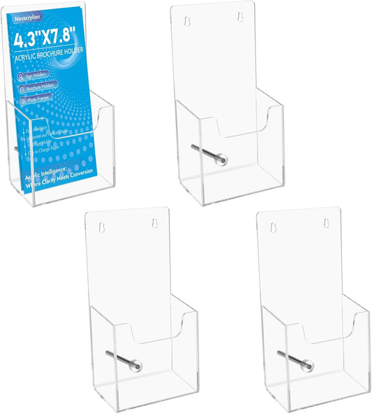 Acrylic Brochure Holder Wall Mount or Countertop Display Stand – Clear Pamphlet & Literature Organizer Fits Trifold Flyers, Menus, Leaflets for Office, Shop, Hotel, Classroom, Reception Desks (4 Pack, 4.3 x 7.8 inch)