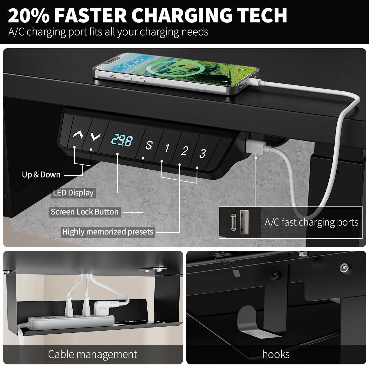 Standing Desk with Fast Charging USB Ports, 48" x 30" Height Adjustable Home Office & Gaming Desk, Sit Stand Desk with Built-in Storage Shelf, Hook & Ergonomic Design(Classic Black)