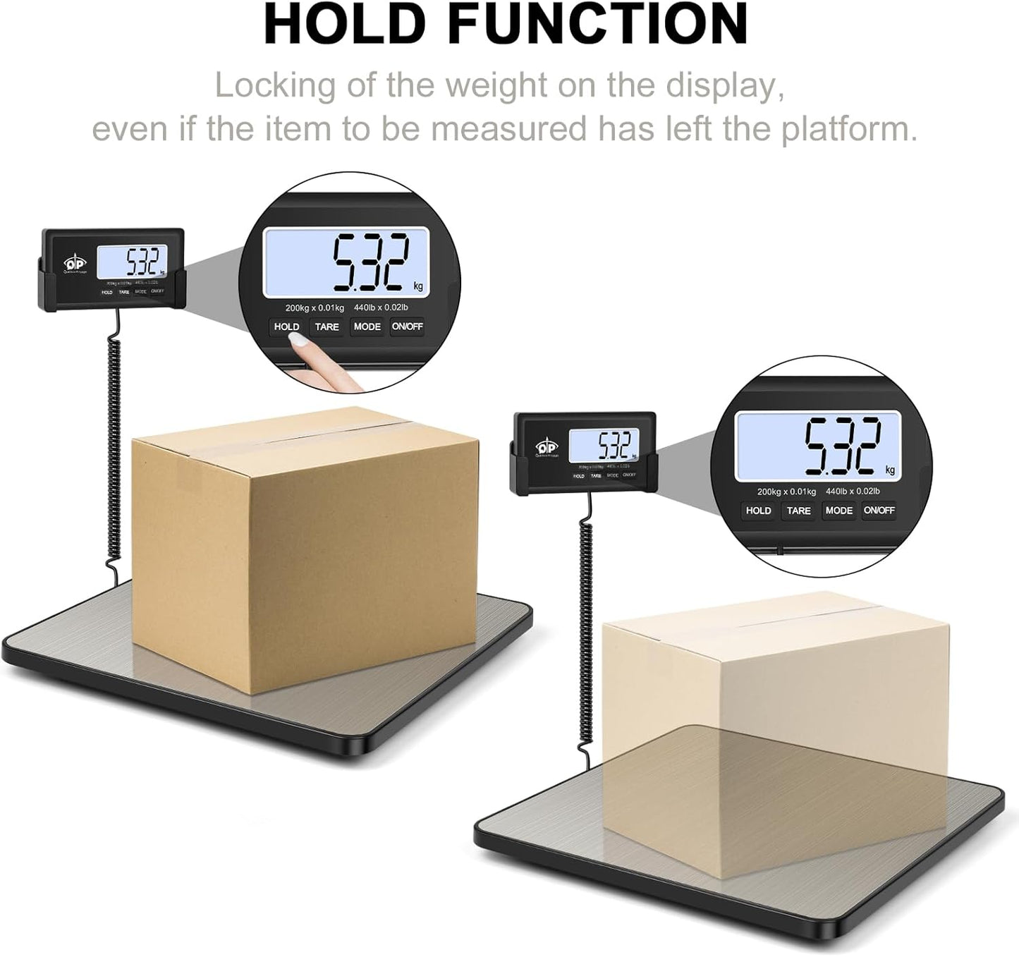 QP Shipping Scale, 440 lb/0.35 oz High Accuracy Digital Postal Scale, Postage Scale, Hold/Tare Function, Auto Off LCD Display, Lightweight Scale for Packages/Luggage/Pet, Battery & AC Adapter Included