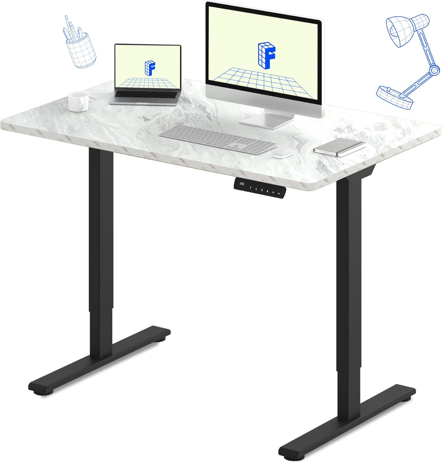 FLEXISPOT E3 Dual Motor Electric Standing Desk 48x30 Inch Whole-Piece Board Height Adjustable Electric Sit Stand Desk (Black Frame + Marble Grey Desktop, 2 Packages)