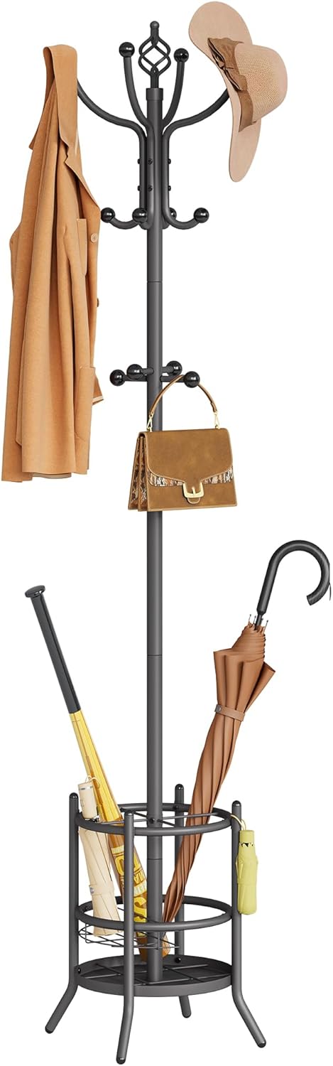 Tajsoon Coat Rack with Umbrella Holder, Coat Tree Freestanding, Coat Rack Stand with 16 Hooks, Coat Stand for Living Room, Bedroom, Office, Grey
