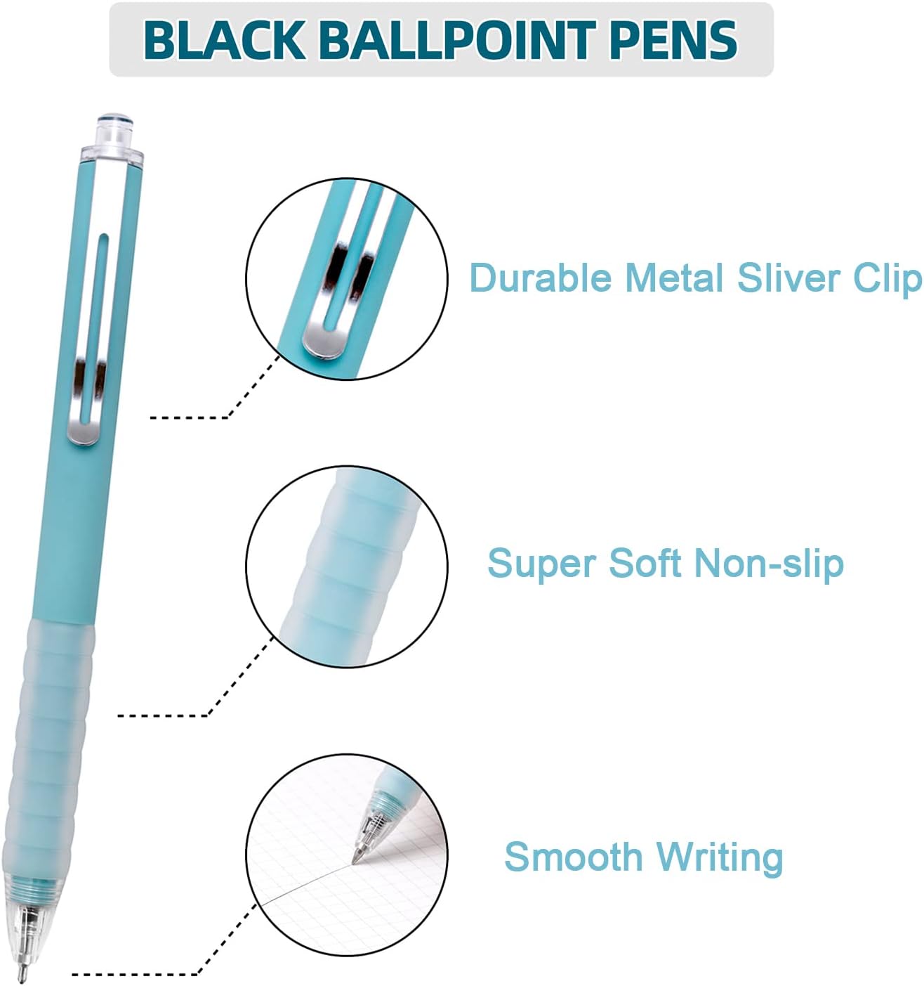 Linbsunne Ballpoint Pens Medium Point 1mm Black Ink Work Pen with Super Soft Grip Ball Point Pen for Men Women Retractable Office Pens (Silver Clip-12 count)