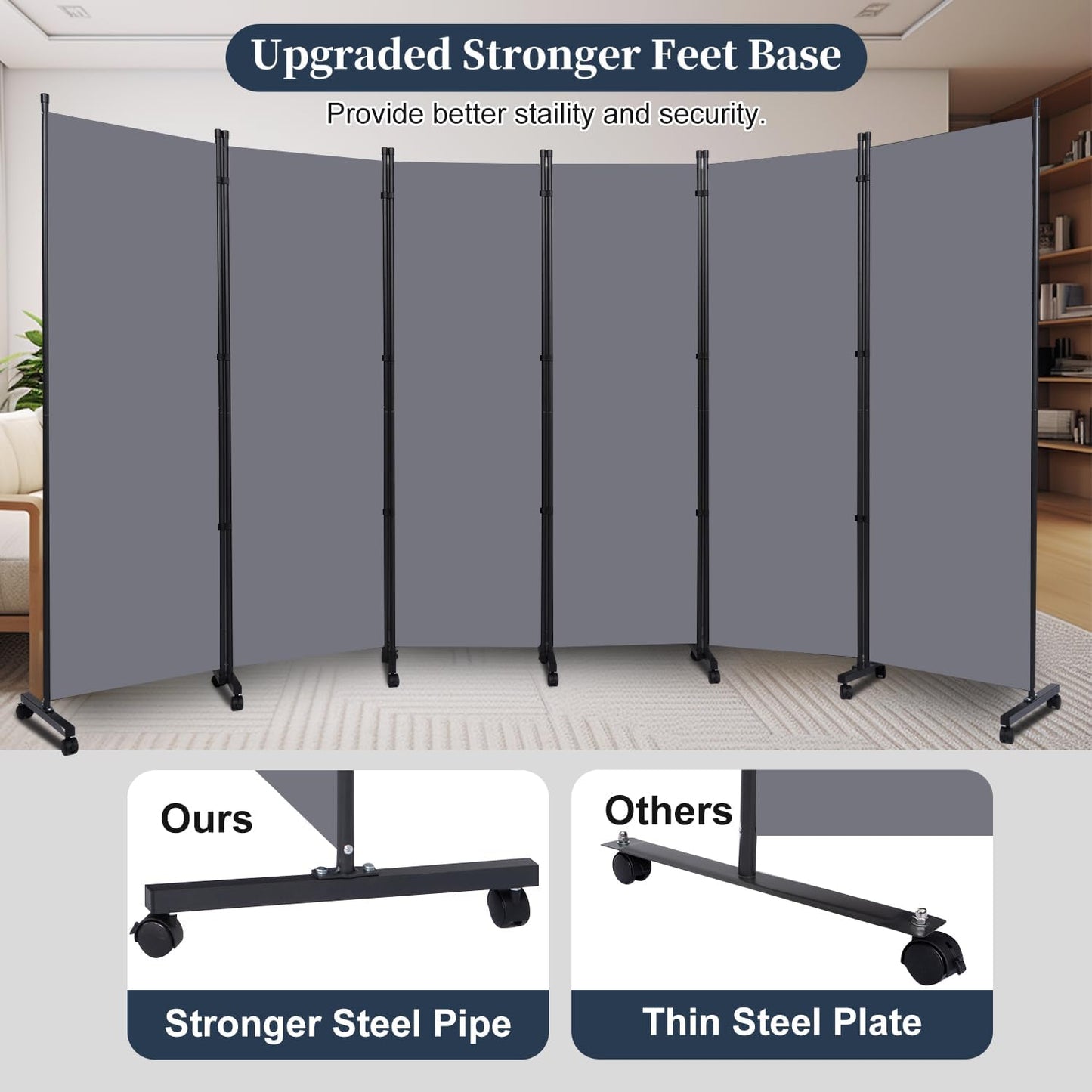 Room Divider Folding Privacy Screens with Lockable Wheels, 132'' Fabric Partition Room Dividers Freestanding Room Divider Panel for Room Separation, Wall Divider for Home Office Bedroom Studio Decor