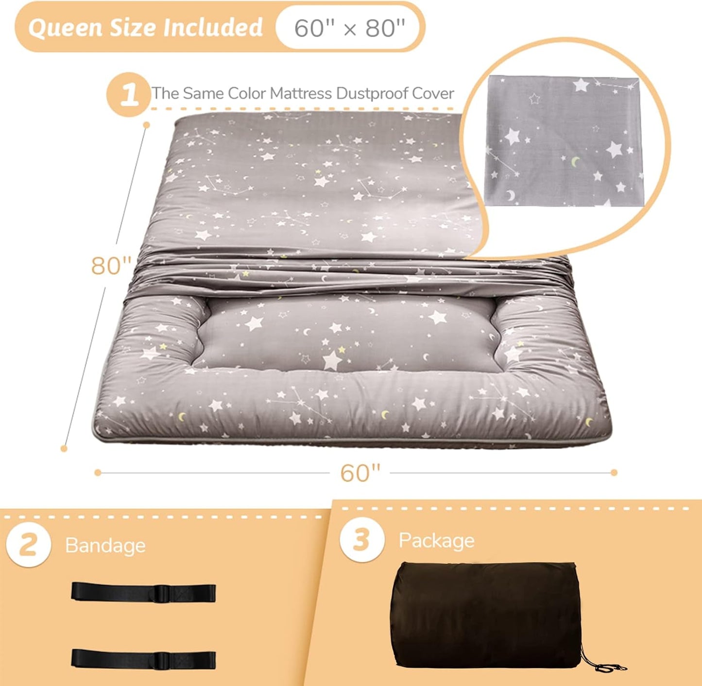 Grey Constellation Japanese Floor Futon Mattress, Tatami Floor Mat Portable Camping Mattress Kids Sleeping Pad Foldable Roll Up Floor Lounger Couch Bed with Mattress Protector Queen Size