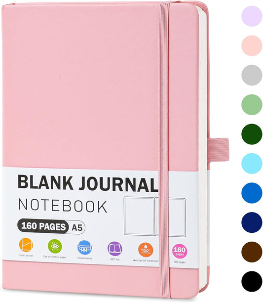 EOOUT Blank Journal Notebook for Women, A5 160 Pages Leather Hardcover Notebooks for Writing, Sketch, Drawing, 100gsm Paper, 5.7 X 8.3in (Pink)
