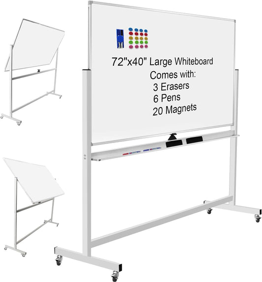 Mobile Whiteboard 72"x40" Magnetic Dry Erase White Boards on Wheels Double-Sided Large Whiteboard with Rolling Stand for Classrooms, Offices and Home