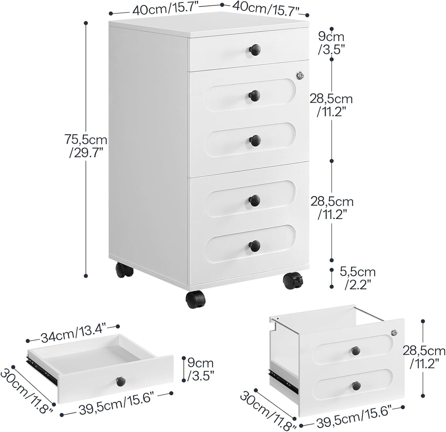 HOOBRO 3 Drawer File Cabinet with Lock, Wooden Farmhouse Office Storage Cabinet, Under Desk Mobile Filing Cabinet fits Letter / A4 Size for Home Office, Modern Rolling Printer Cart, White WT32WJ01