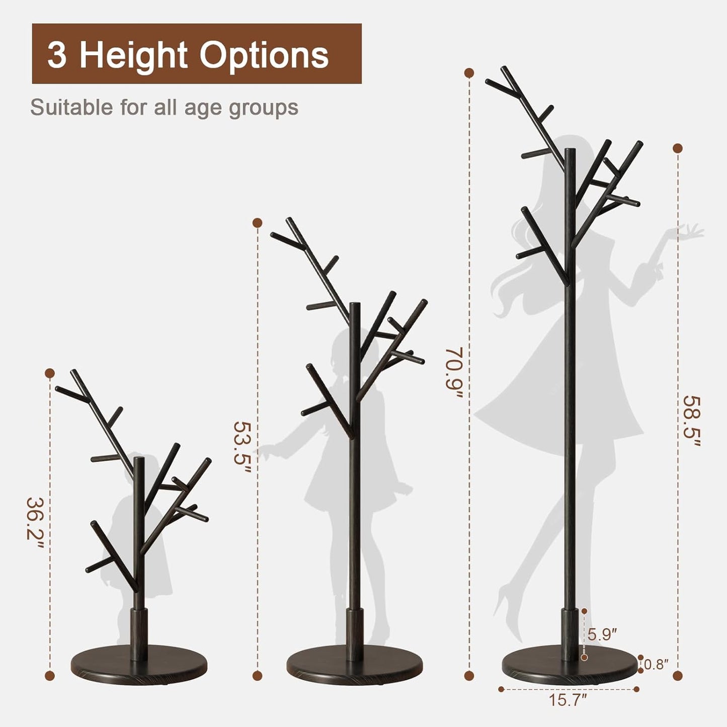 Coat Rack, Solid Wood Coat Rack Freestanding with 12 Hooks, Coat tree freestanding 3 Adjustable Heights for coat, Hats, Handbags， Coat Stand for Entryway, Bedroom (Black)