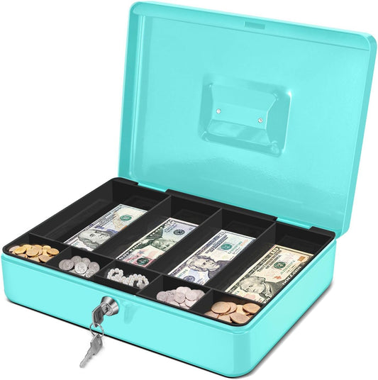 Flexzion Cash Box with Money Tray and Lock - Metal Cash Box for Small Businesses, 9-Compartment Blue Money Box with Removable Tray and Key, Portable Storage for Checks and Coins