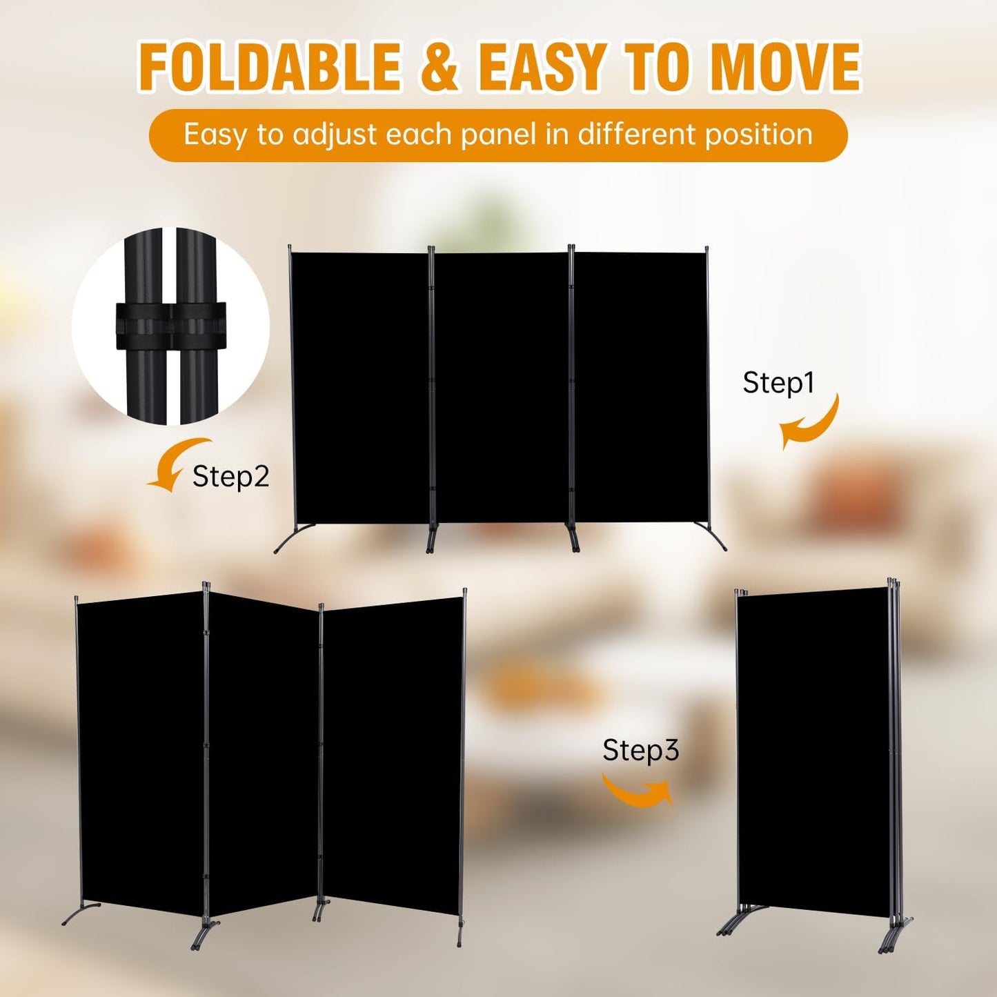 3 Panel Folding Privacy Screens, 6 FT Tall Wall Divider with Metal Frame, Freestanding Room Divider for Office Bedroom Study (3 Panel, Black)