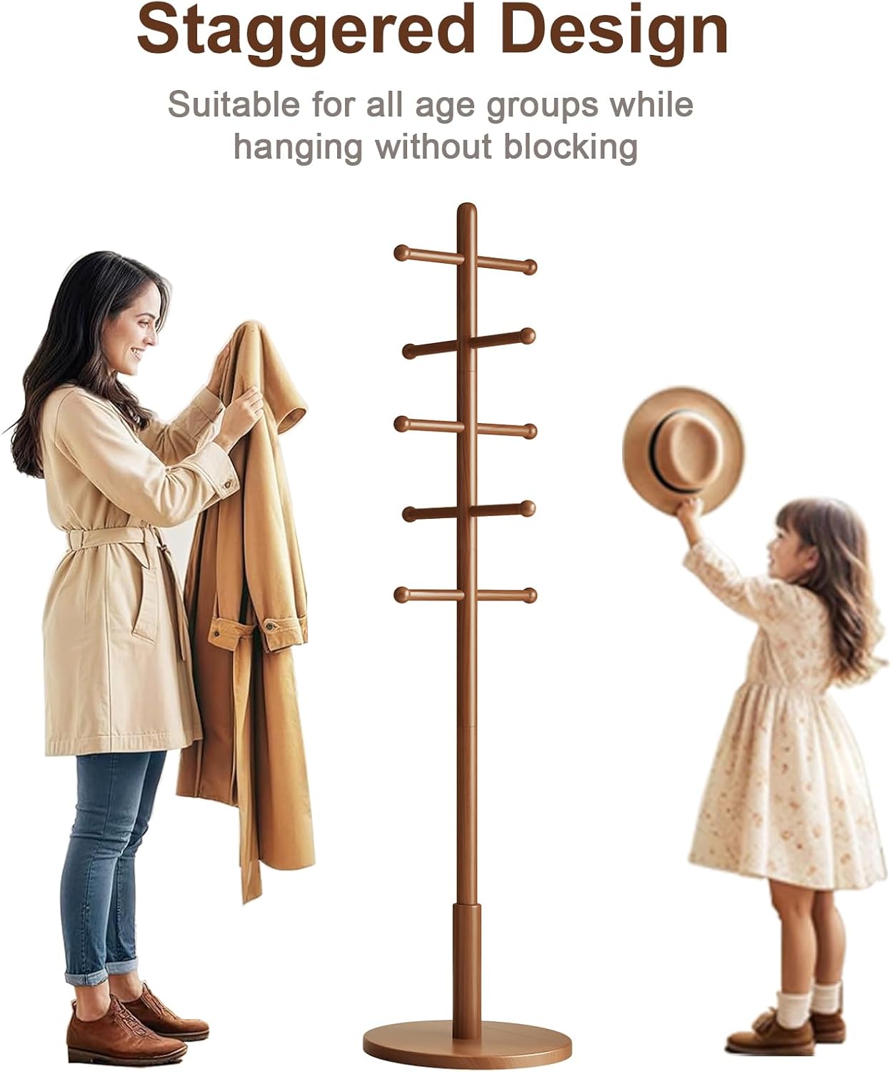 Solid Wood Coat Rack Freestanding with 10 Hooks, Coat tree freestanding 3 Adjustable Heights for coat, Hats, Handbags, Coat Stand for Entryway,Bedroom,office