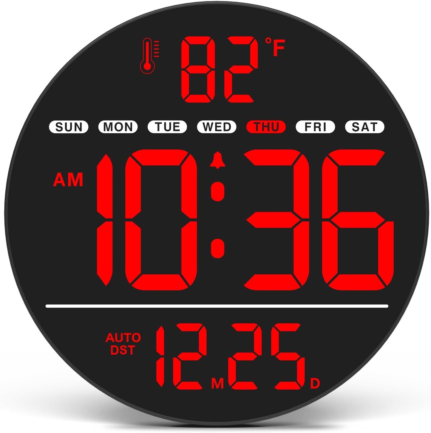 WallarGe Large Digital Wall Clock with LED Display, Electric Wall Clock with Temperature, Auto DST, Date, and Day, 5-Level Brightness for Office, Bedroom, Living Room, Classroom Décor