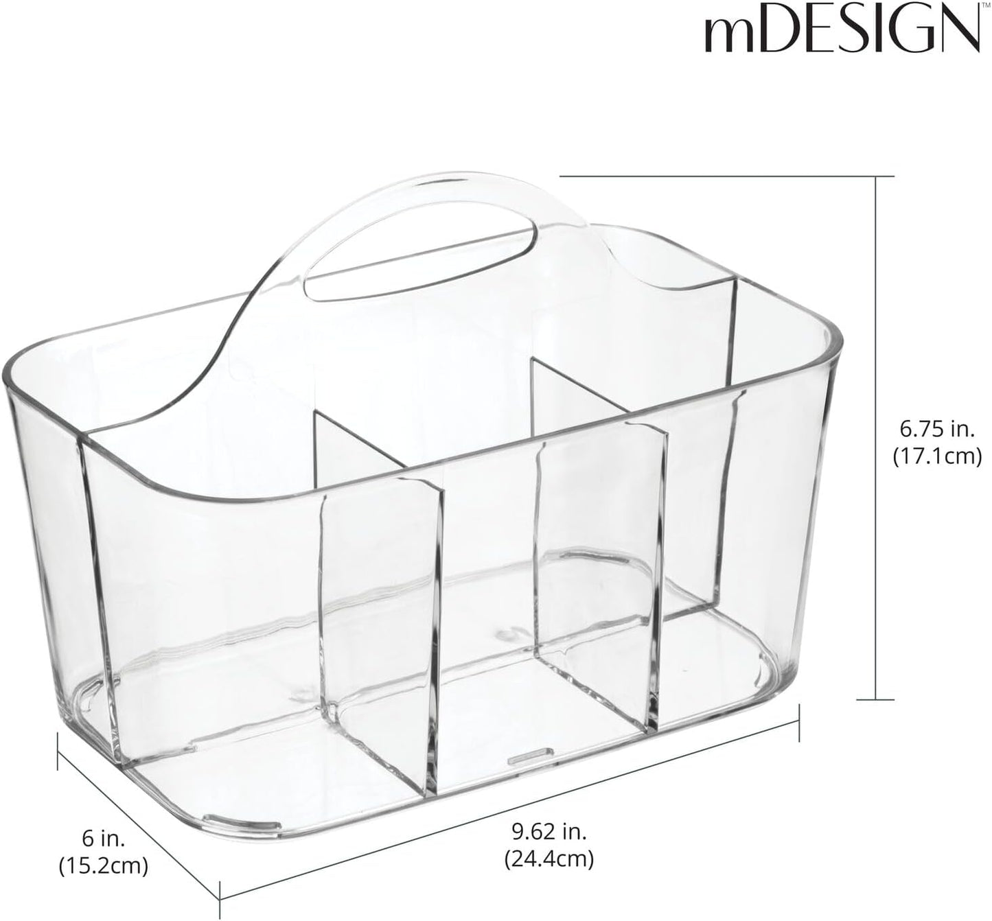 mDesign Plastic Small Office Storage Organizer Utility Tote Caddy with Handle for Cabinets, Desks, Workspaces - Holds Desktop Office Supplies, Pencils, Staplers Lumiere Collection, 2 Pack, Clear