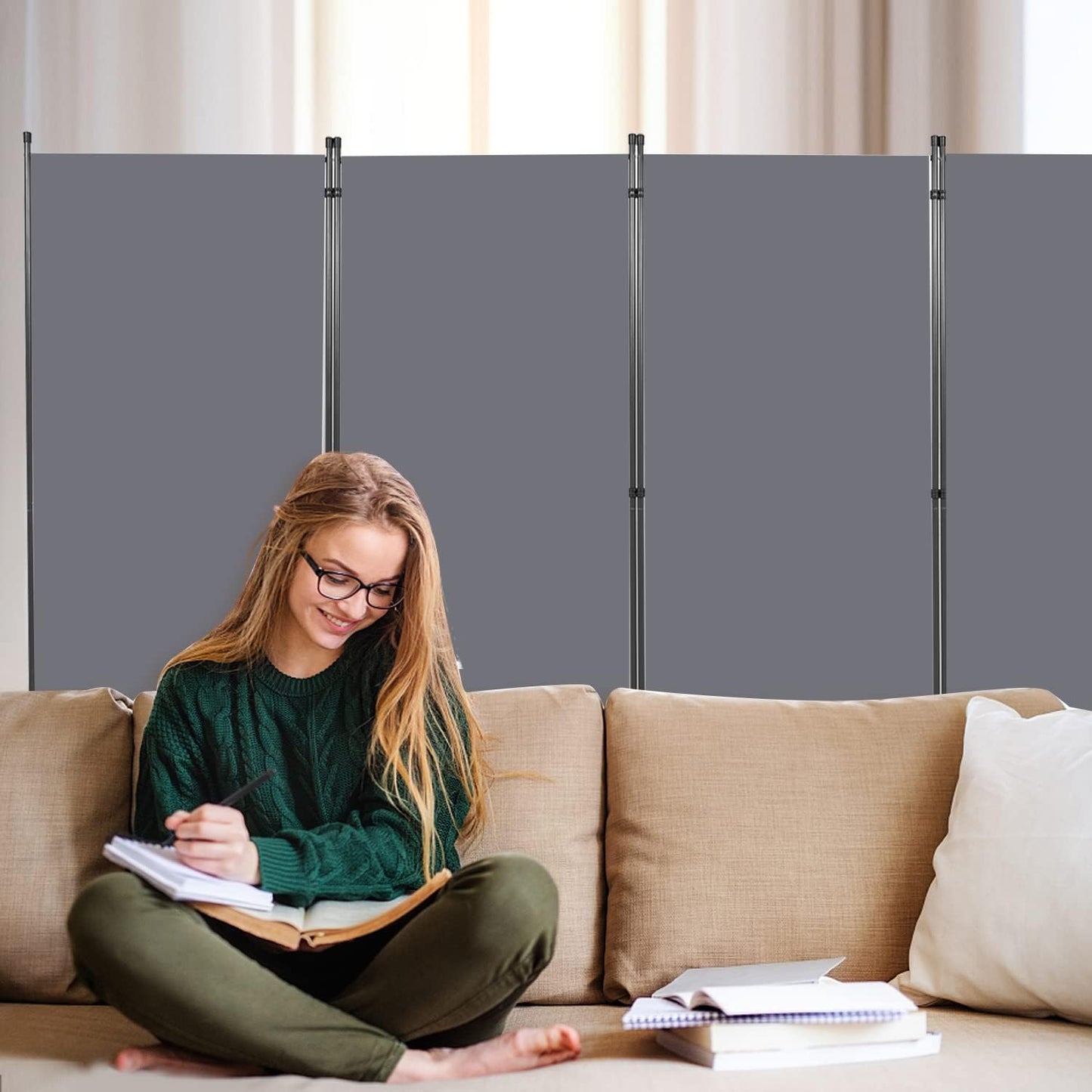 Room Divider 6FT Folding Privacy Screens, Partition Room Dividers w/Freestanding Design, Portable Wall Divider for Room Separtation, Fabric Screen Panel for Home Office Dorm (Grey, 4 Panel-Round Pad)