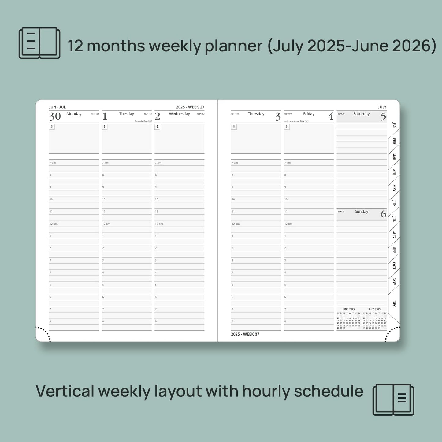 POPRUN Planner 2025-2026 (Medium - 6.5'' x 8.5'') Academic Weekly Calendar (July 2025 - June 2026) with Hourly Time Slots, Monthly Tabs, 100GSM Thick Papers, Leather Soft Cover - Pacific Green