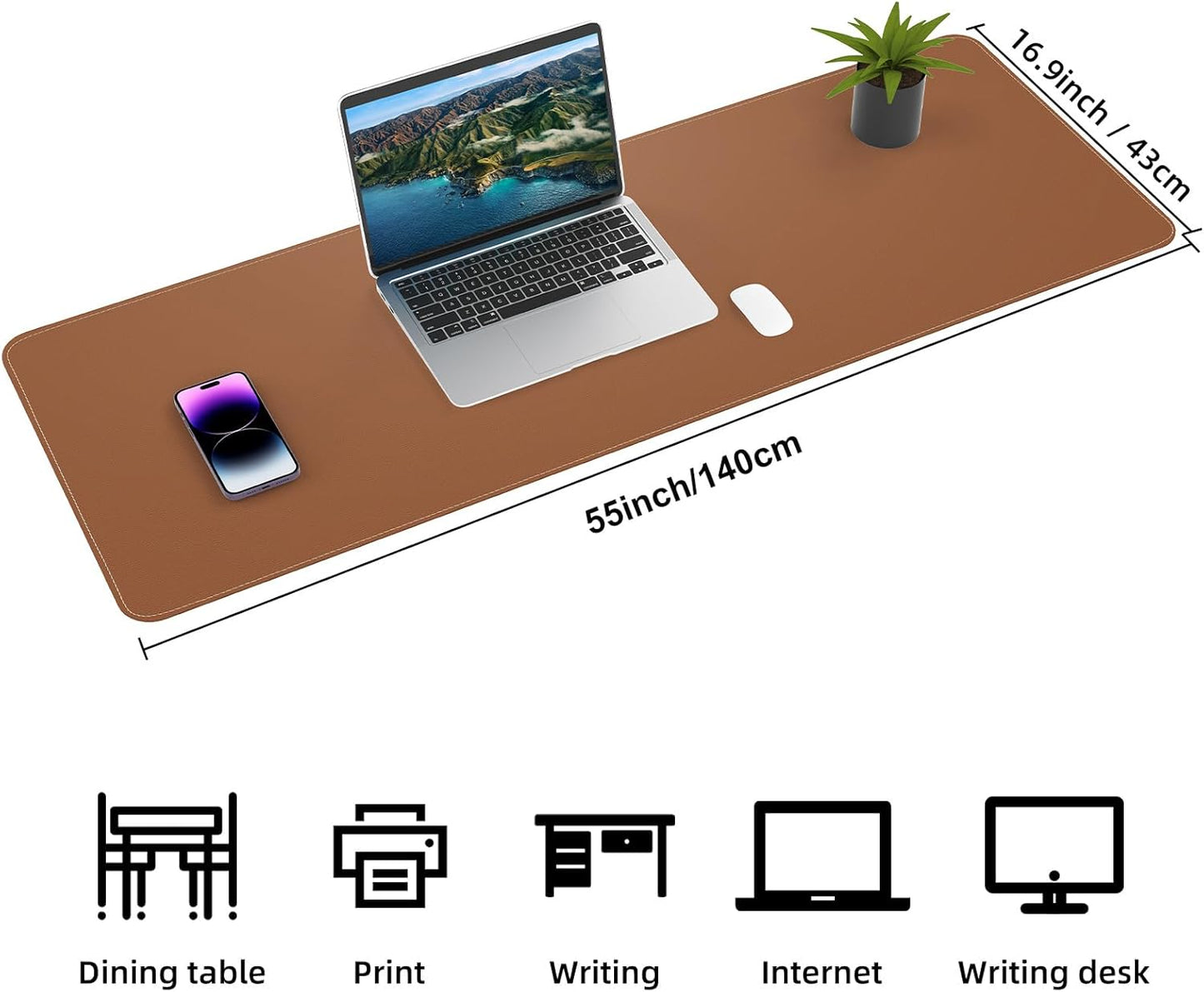 AFIING Leather Desk pad Protector, Large Non-Slip Office Desk Mat with Natural Cork & PU Leather, Waterproof Writing Mouse Pad for Office and Home (55in*17in,Brown)