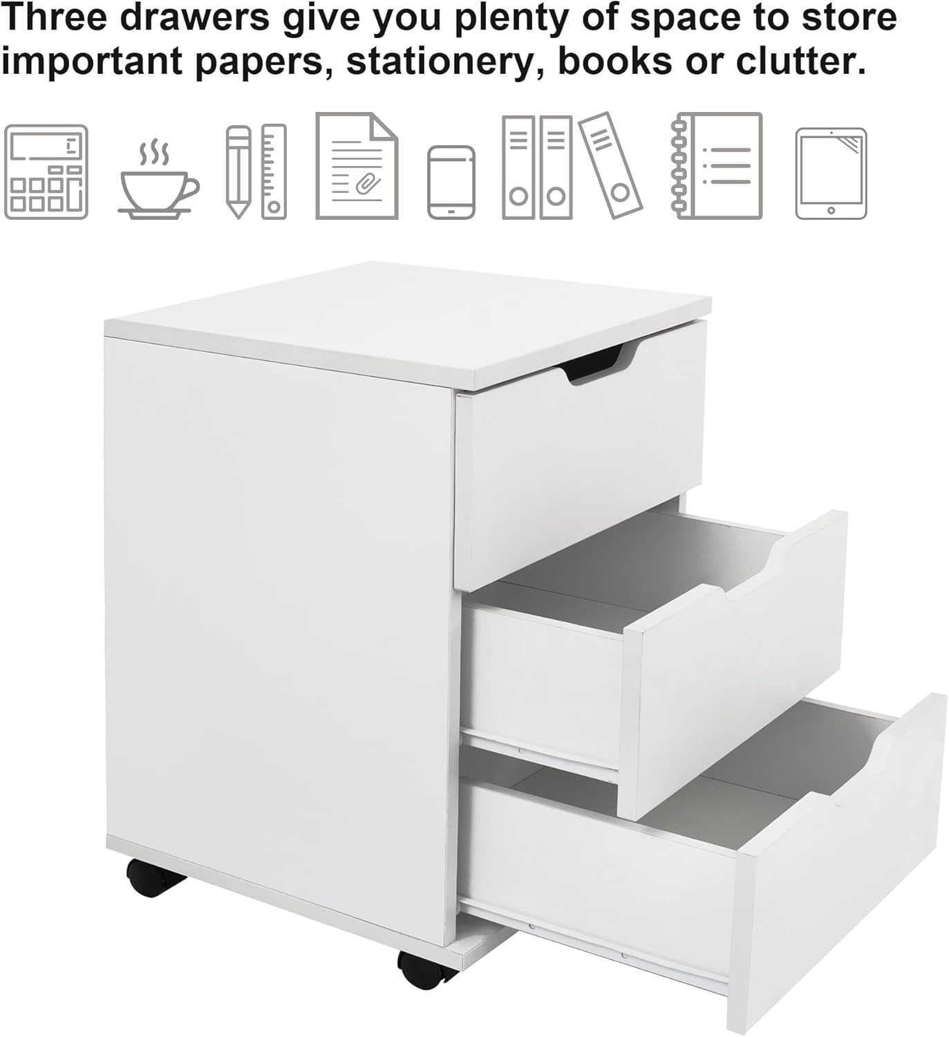 Farini 3-Drawer Vertical Filing Cabinet Rolling Wood Mobile File Cabinets Under Desk for Home Office with Casters (White, Fully Assembled)