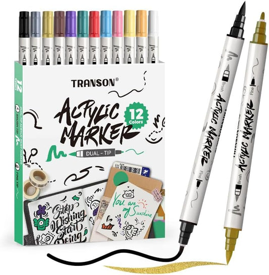 TRANSON 12 Colors Fine and Brush Dual-tip Acrylic Paint Marker Pen Set for Canvas Rock Wood Leather Ceramic DIY Painting