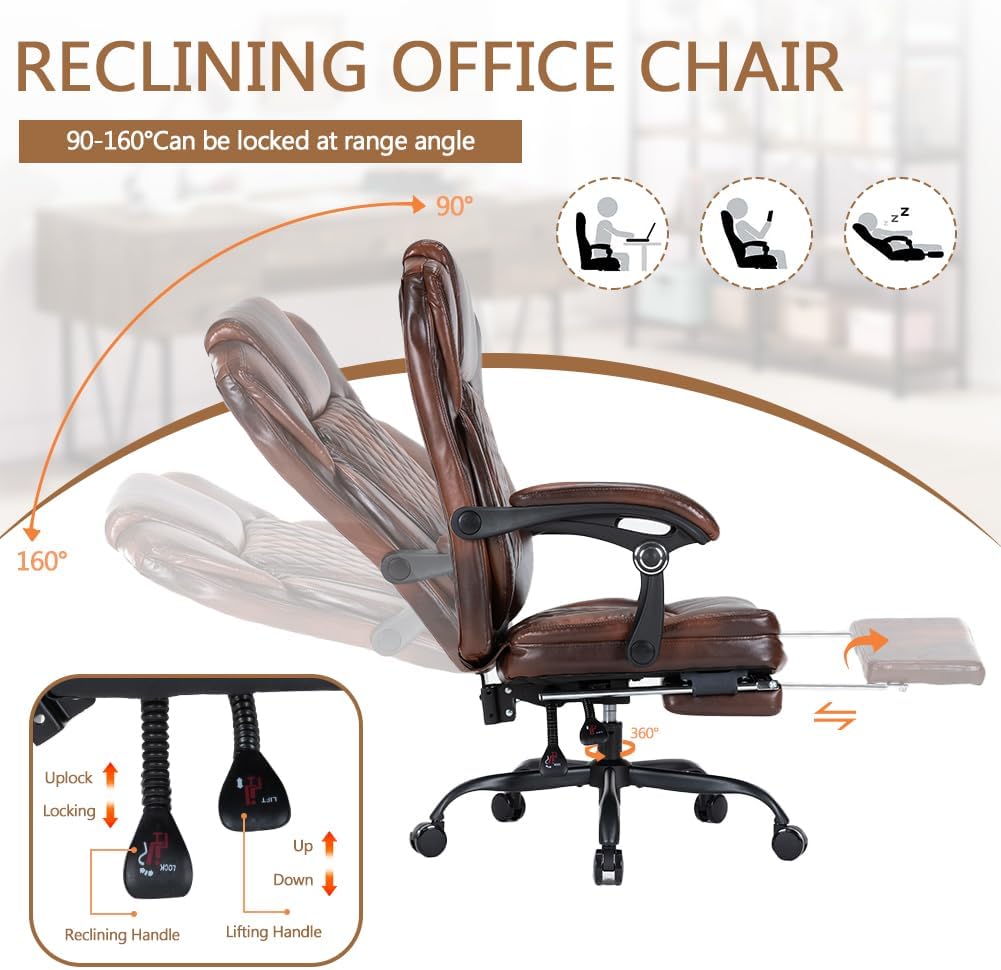 Ergonomic Office Chair with Foot Rest, Executive Chair with Footrest PU Leather Computer Chair, Big and Tall Chair Reclining Desk Chair, Thick Padded Coil Spring Seat, 400 lbs Capacity (Brown)