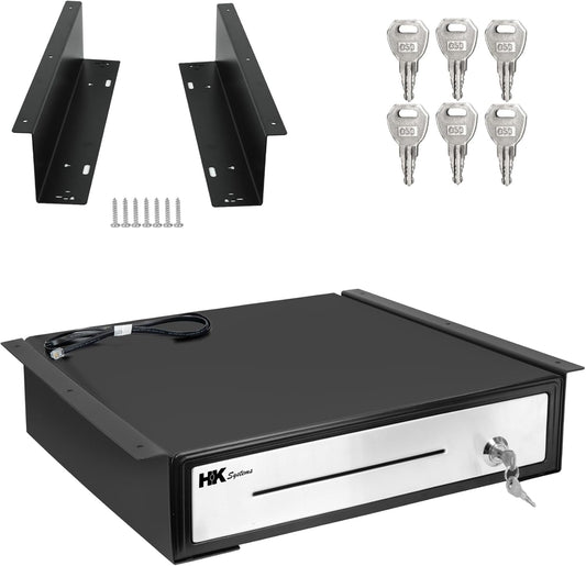 HK SYSTEMS 16" "Stainless Steel" Front Heavy Duty Black POS Cash Drawer with 5Bill/5Coin with Under Counter Mounting Metal Bracket