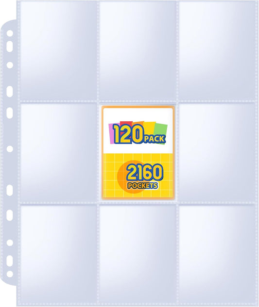 120 pack Trading Card Sleeve, Holds 2160 Cards, 9 Pocket Card Sleeves Binder Sheets for 3 Ring Binder, 11 Holes Trading Card Binder Sleeves Fit for MTG, Baseball, Game, Business Cards, Coupon