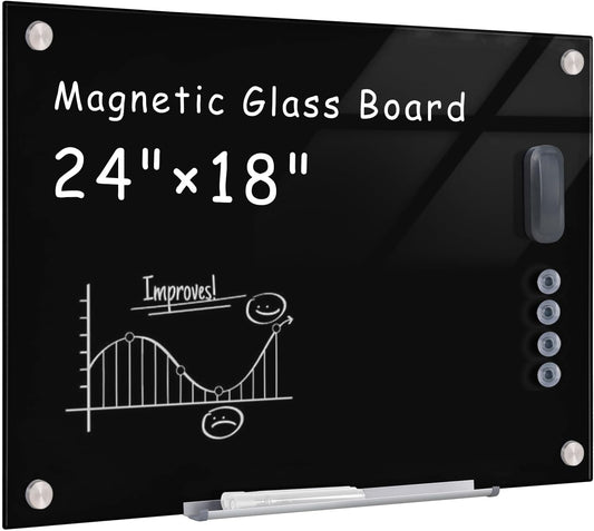 Magnetic Glass Whiteboard，24"x18" Wall Mounted Frameless Dry Erase Board for Office, Home & School Black