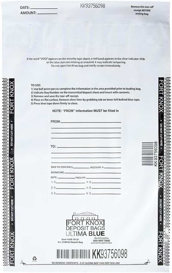 BankSupplies Ultima Blue White Deposit Bags | 9W x 12H | Pack of 500 | Discreet, Opaque, Secure | Tamper Evident Tape | Captive Flap Closure | Security Deposit Bag