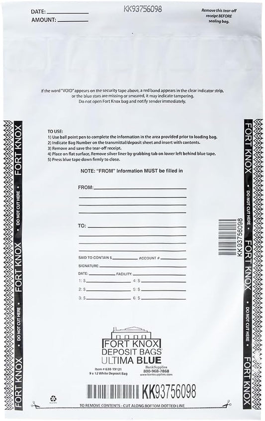 BankSupplies Ultima Blue White Deposit Bags | 9W x 12H | Pack of 500 | Discreet, Opaque, Secure | Tamper Evident Tape | Captive Flap Closure | Security Deposit Bag