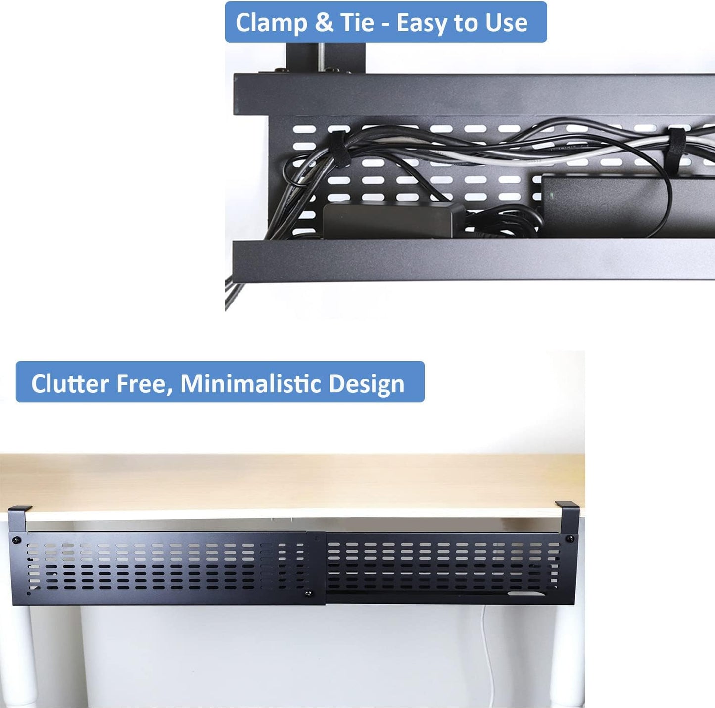 AEONS Under Desk Cable Management Tray Kit - Horizontal Adjustable up to 41” Removable C Clamp Mount Reversible Computer Cord Raceway and Modesty Panel for Large Desk, Black