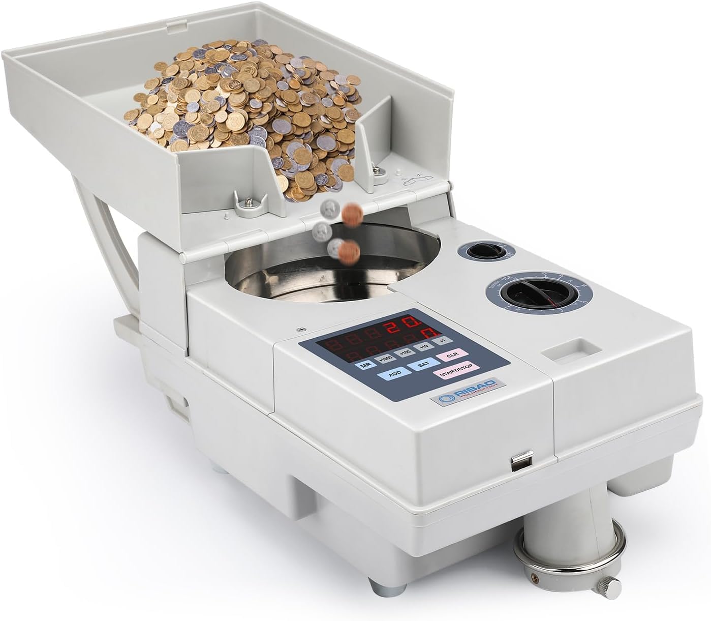 Ribao CS-10S High Speed Portable Coin Counter and Sorter, 1800 Coins per Minute Counting Speed, 2000 Coins Hopper Capacity, Suitable for International Coins and Tokens, Two-Year Warranty
