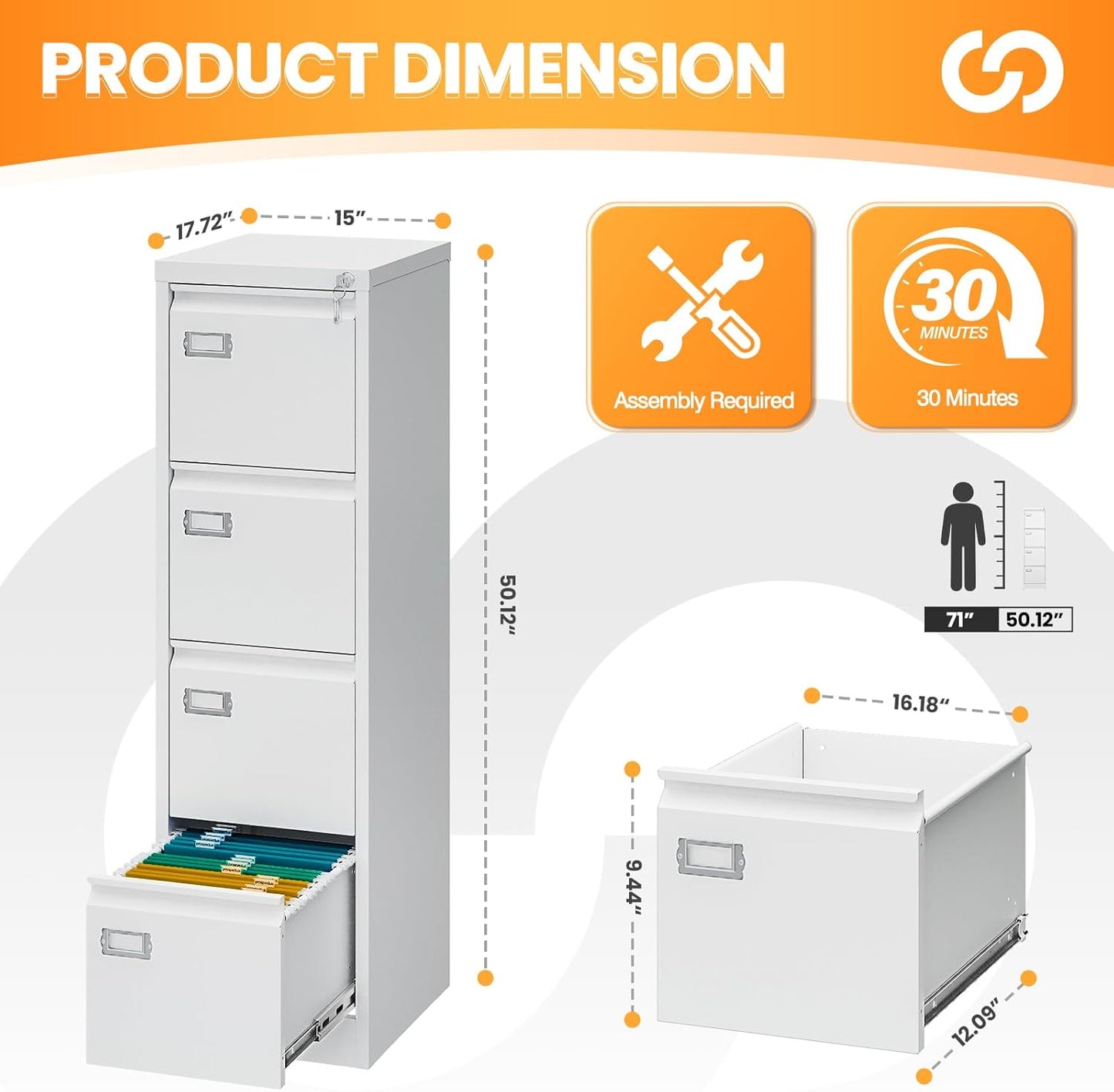 4 Drawer File Cabinet with Lock, Metal Filing Cabinets for Home Office, Vertical Black Locking File Caninet, Steel Narrow Four Drawer File Cabnet for Letter/Legal / A4 / B4- Assembly Required