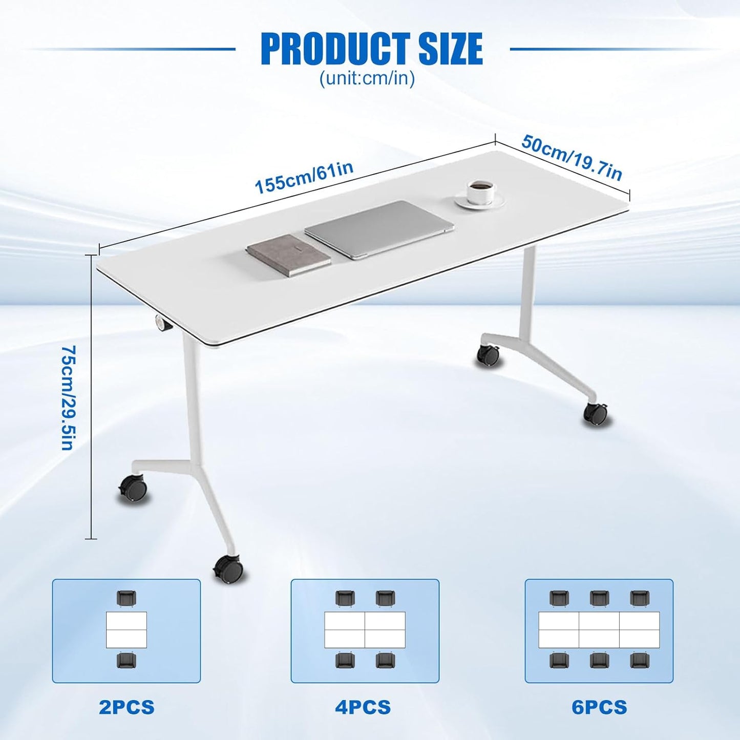 Conference Table, Folding Conference Desk Modern White, Seminar Table with Wheels, 2-10 People for Office, Meeting Break Room (2, 1915, 61IN)