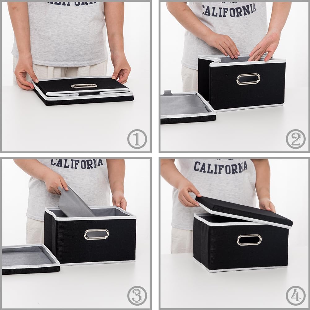 PRANDOM Storage Boxes with Lids [3-Pack] Fabric Collapsible Storage Bins Organizer Containers Baskets Cube with Cover for Home Bedroom Closet Office Nursery Black（11.4X8.6X6.7