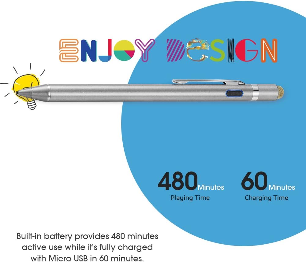 2-in-1 Active Stylus Digital Pen with 1.5mm Ultra Fine Tip for iPad iPhone Samsung Tablets, Work on Touchscreen Phones and Tablets,Good at Drawing and Writing, Grey