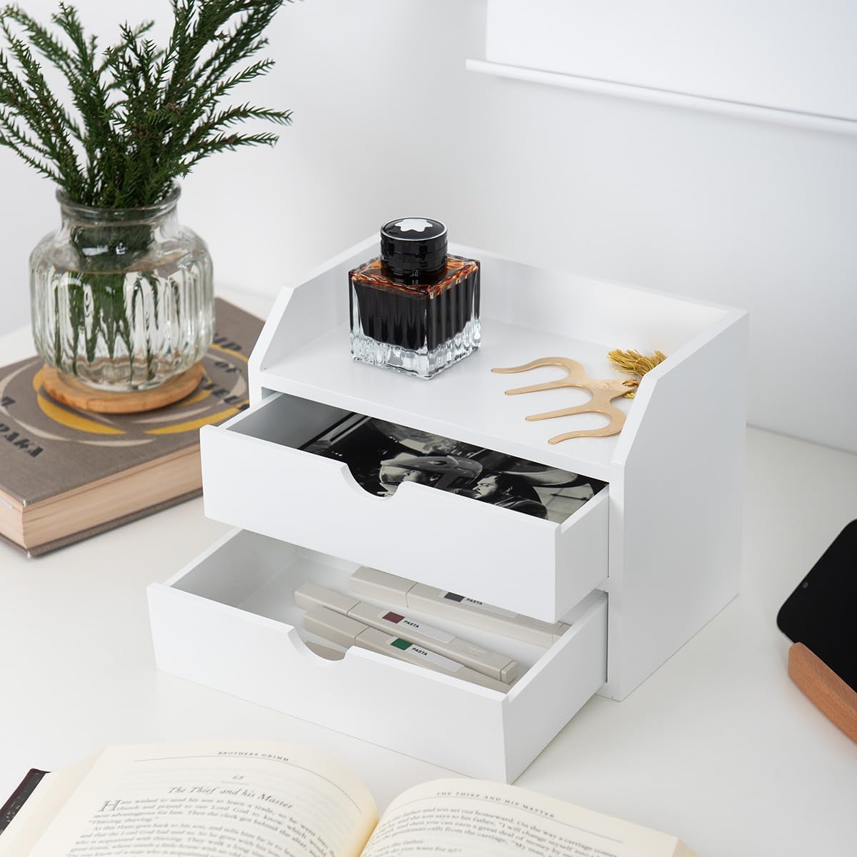 ROSE BLOOM White Wood Desk Organizer with 2 Drawer, Mini Cute Cabinet with Storage Shelf for Tabletop, Small Desktop Box Organizer for Cosmetic Office Supplies