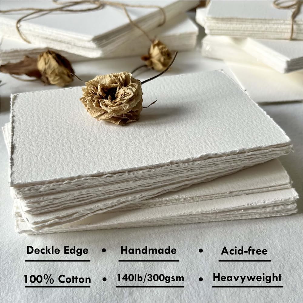 Deckle Edge Watercolor Paper, 100% Cotton, 140 LB, 300 GSM, 8x8”, 30 Sheets Mixed Media Paper for Dry & Wet Technique, Acid Free, tumuarta Blank Cards is Perfect for Greeting Cards & Thank You Notes