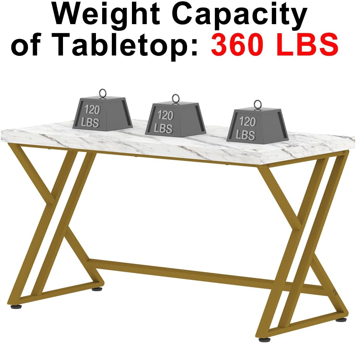 LVB White and Gold Desk, Wood Faux Marble Home Office Computer Desk, Modern Study Executive Table for Gaming Writing, Metal Simple Student Desk for Bedroom, White Marble and Gold, 55 Inch