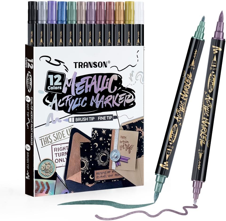 TRANSON 12Colors Metallic Paint Markers Brush and Fine Dual-tip for Rock Wood Ceramic Canvas DIY Painting Drawing