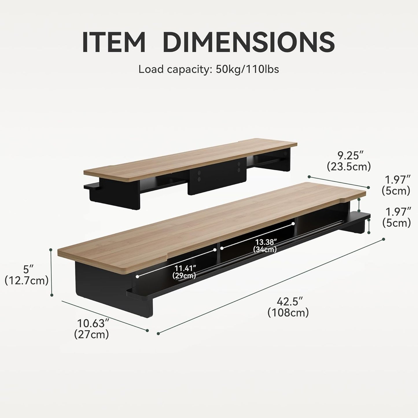 Monitor Stand Dual Monitor Stand Riser for Desk,Wood Desk Shelf Storage Organizer with Phone Tablet Holder (42.5 Inch, Black & Dark Bamboo)