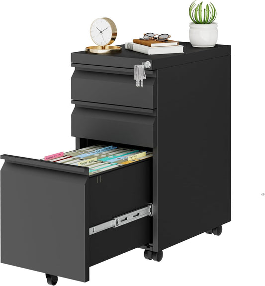 Metal Mobile File Cabinet with Lock and 4 Keys - Fully Assembled, Under Office Desk 3 Drawers Filing Cabinet for Home Office with Anti-tilt Wheels, A4/Legal/Letter Hanging File Drawers