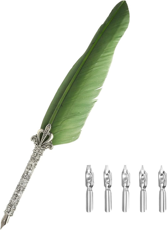 PATIKIL 26.5cm/10.4" Calligraphy Feather Quill Pen, Vintage Feather Dip Pen with 5 Replacement Nibs for Calligraphy Writing Wedding Office Gifts, Dark Green