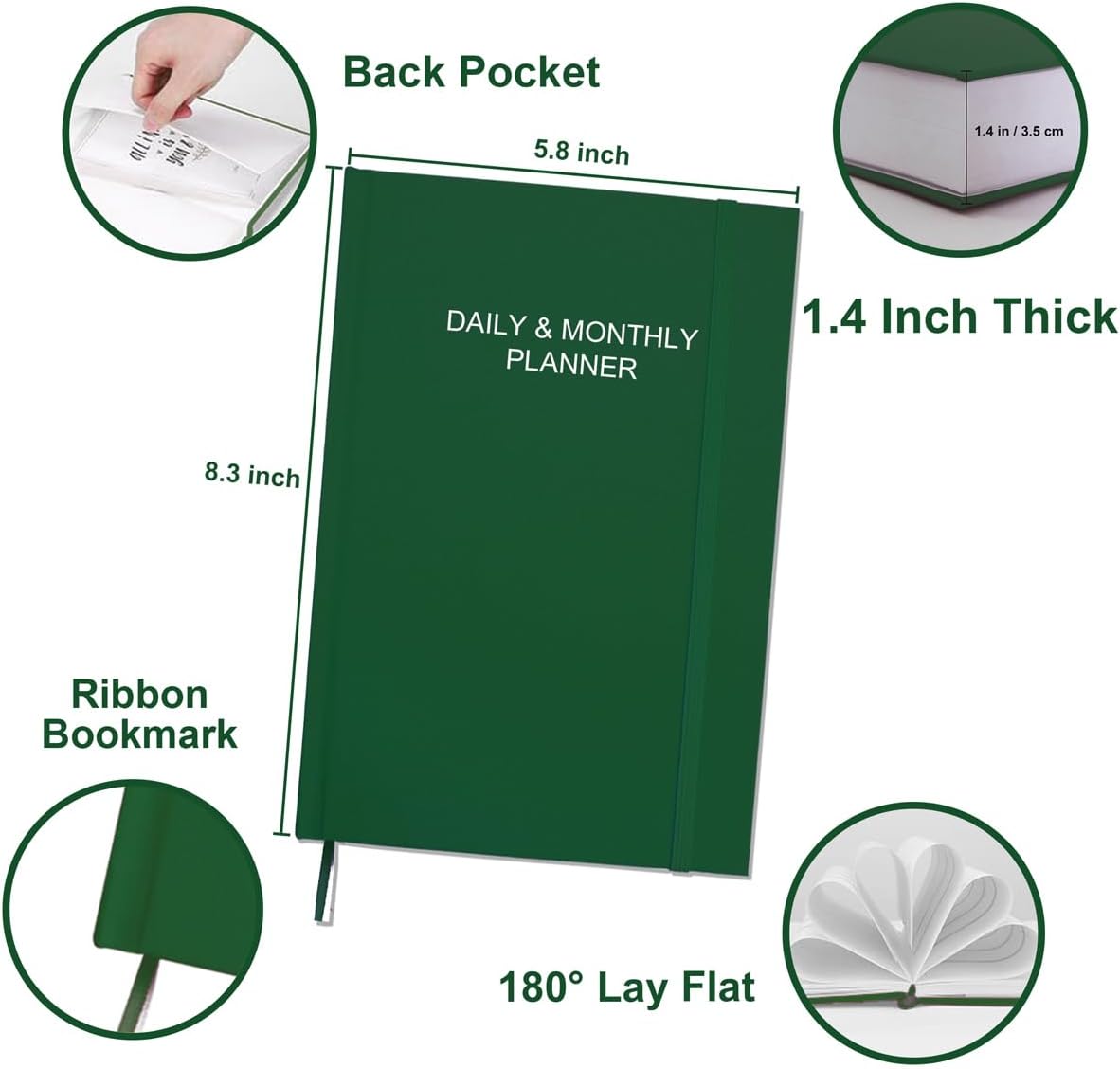 Daily & Monthly Planner for 2025 2026 or Anytime - ADHD Planner Two Pages Per Day, Daily Planner Undated to Increase Focus, Eliminate Overwhelm, Achieve Your Biggest Goals, 5.8'' × 8.3'', Green