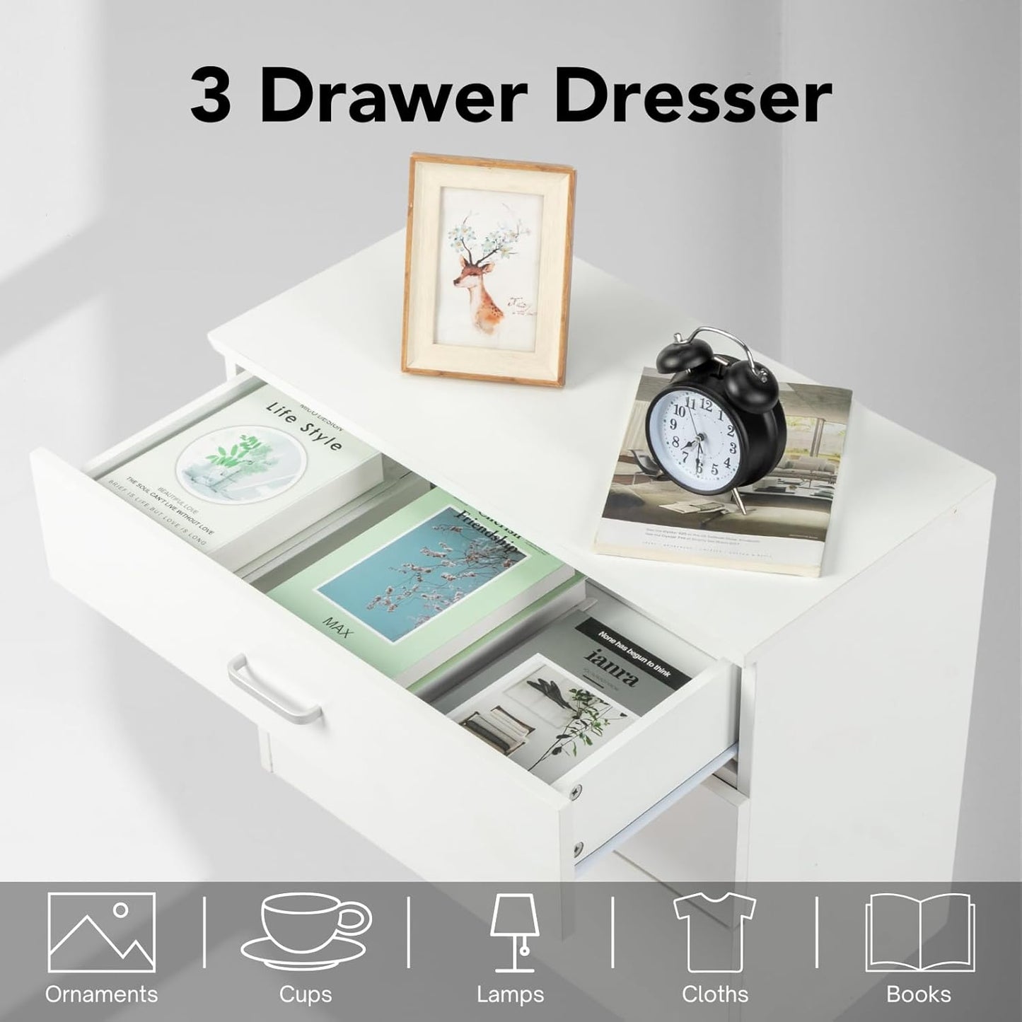 Karl home White 3 Drawer Dresser for Bedroom, Small Nightstand Modern Storage Chest of Drawer Wooden Side Table End Table for Bedroom, Living Room, Reception Room