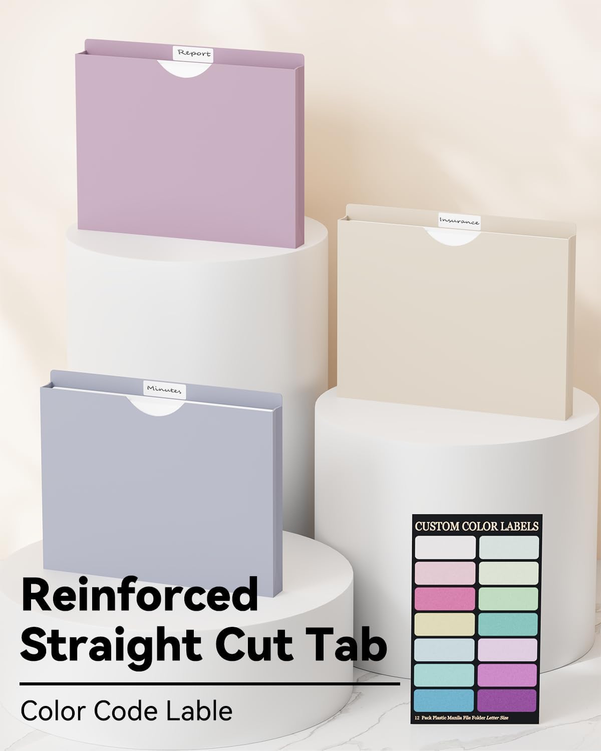 ANSOOK 1 Inch Plastic File Jackets, Manila File Folders Letter Size, 12 Heavy Duty Expanding File Folders, Expansion Pocket, Reinforced Straight Cut Tab, Morandi Color Folders for Office School Home