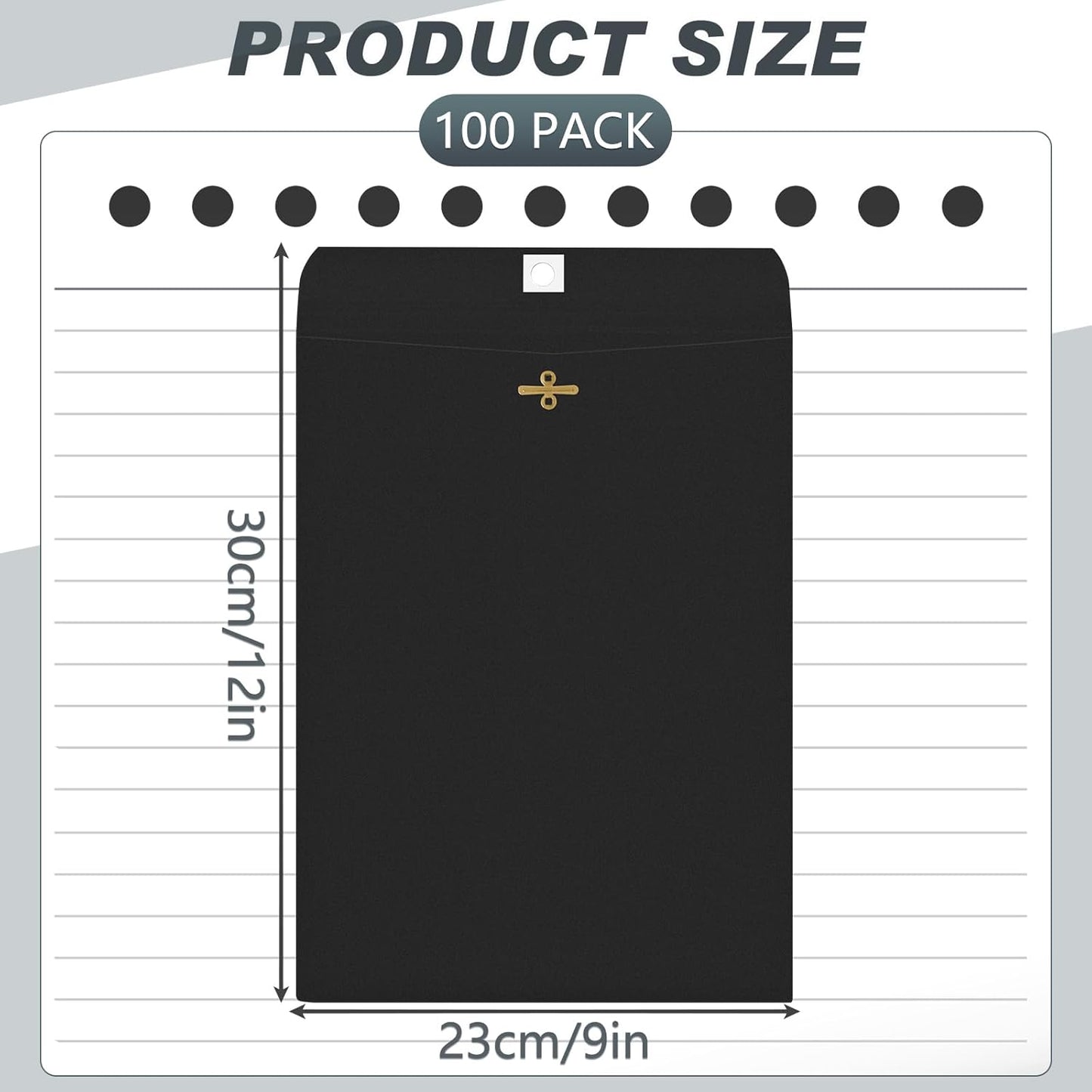 Geyee 100 Pcs Clasp Manilla Envelopes 9 x 12 Inch Gummed Colored Envelopes for Storing or Mailing for Home Office Business Supplies(Black)