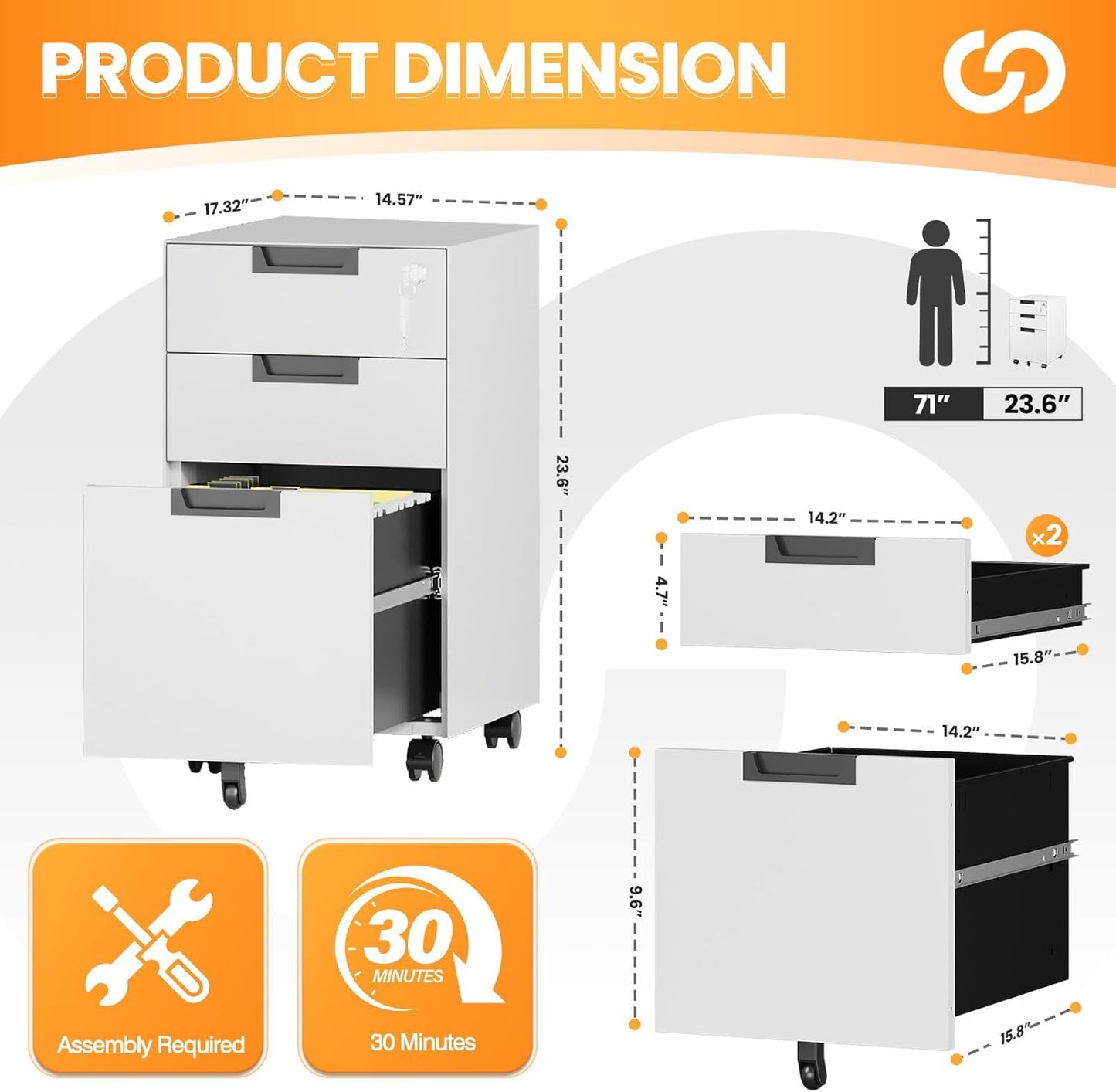 3 Drawer File Cabinet with Lock, Fully Assembled Metal Mobile Filing Cabinets for Home Office, Small Rolling File Caninet on Wheels for Legal/Letter / A4 File, White