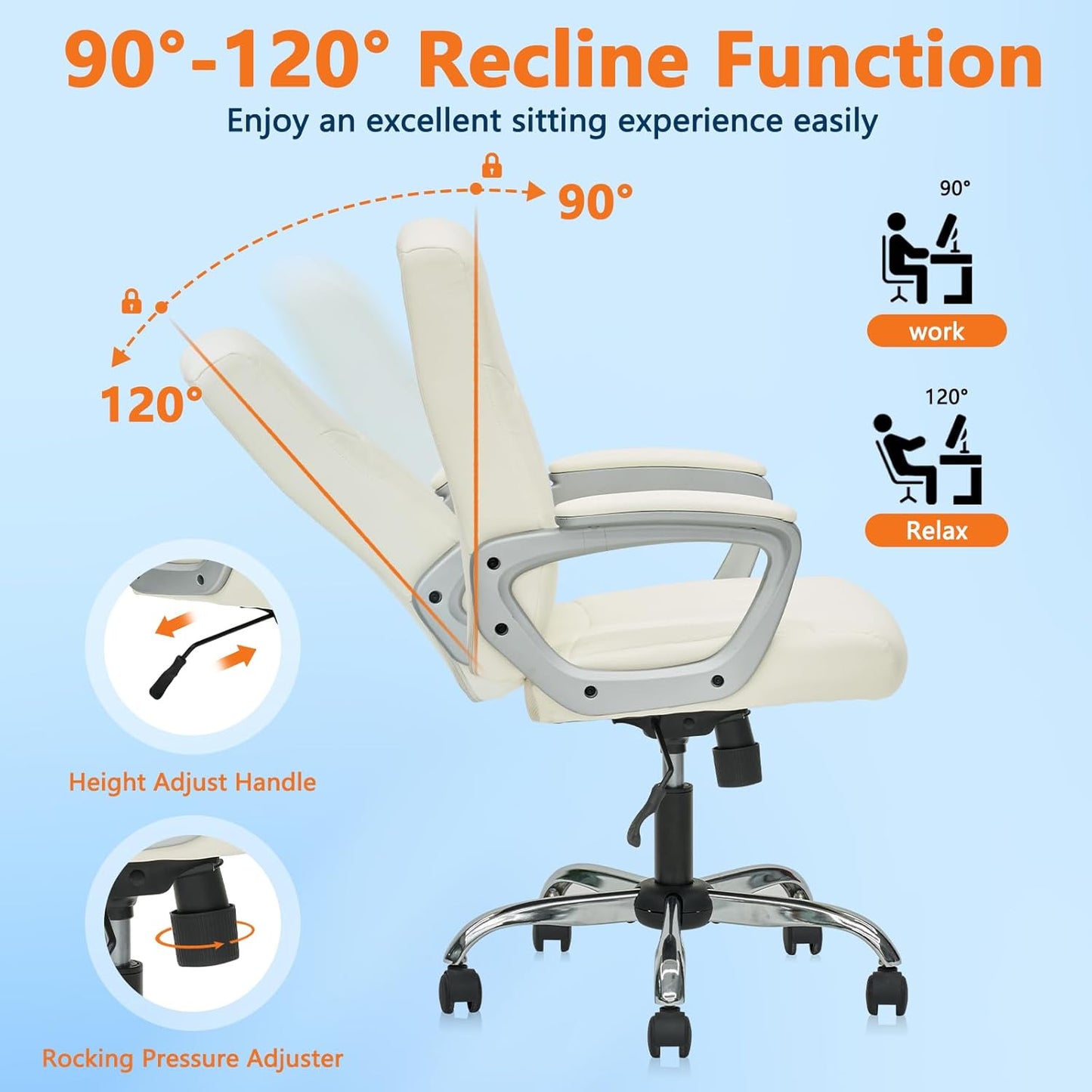 CLATINA Office Computer Desk Chair Executive Mid Back Ergonomic Managerial Chair with Lumbar Support Comfortable Adjustable PU Leather Home Office Chair Swivel, White 8PK