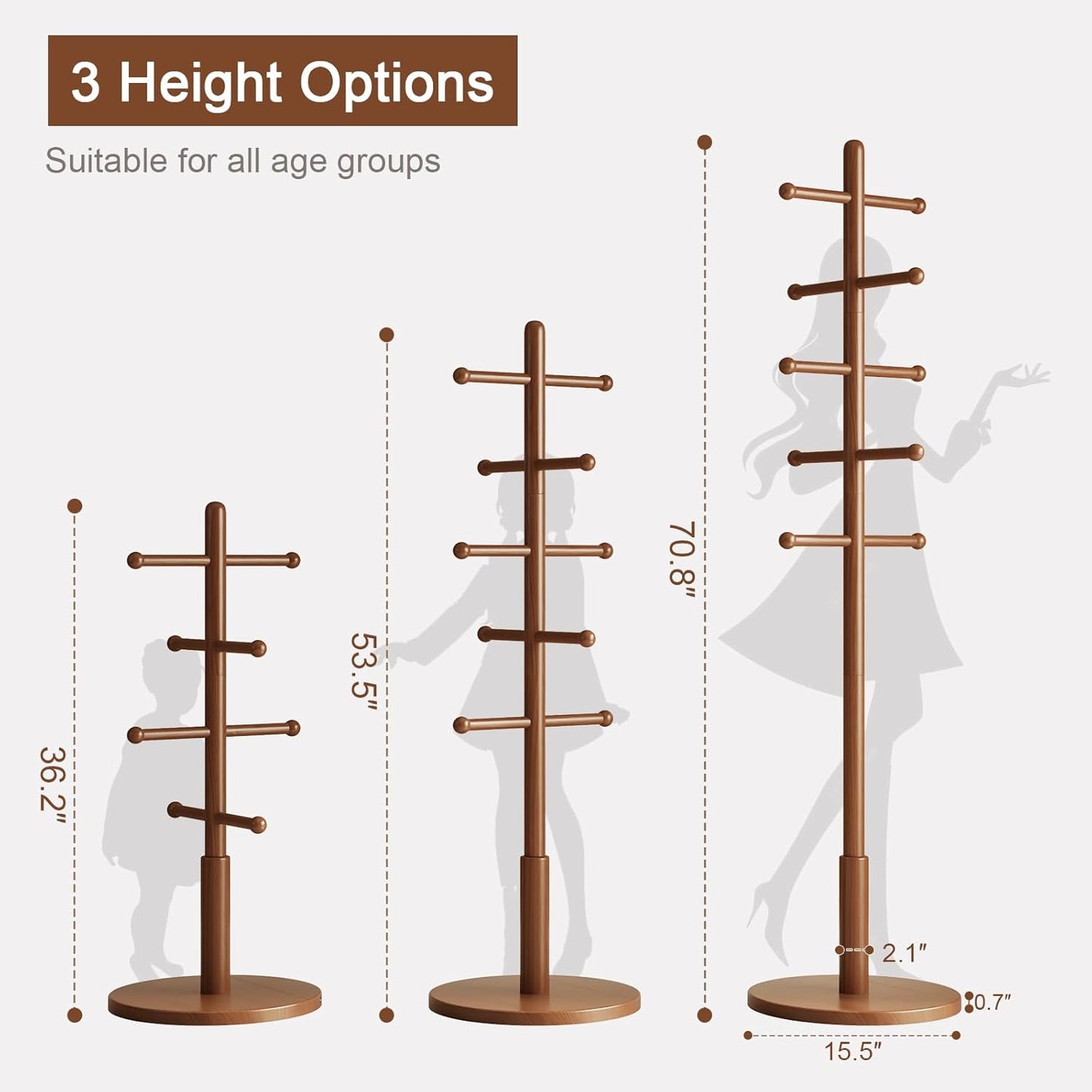 Solid Wood Coat Rack Freestanding with 10 Hooks, Coat tree freestanding 3 Adjustable Heights for coat, Hats, Handbags, Coat Stand for Entryway,Bedroom,office