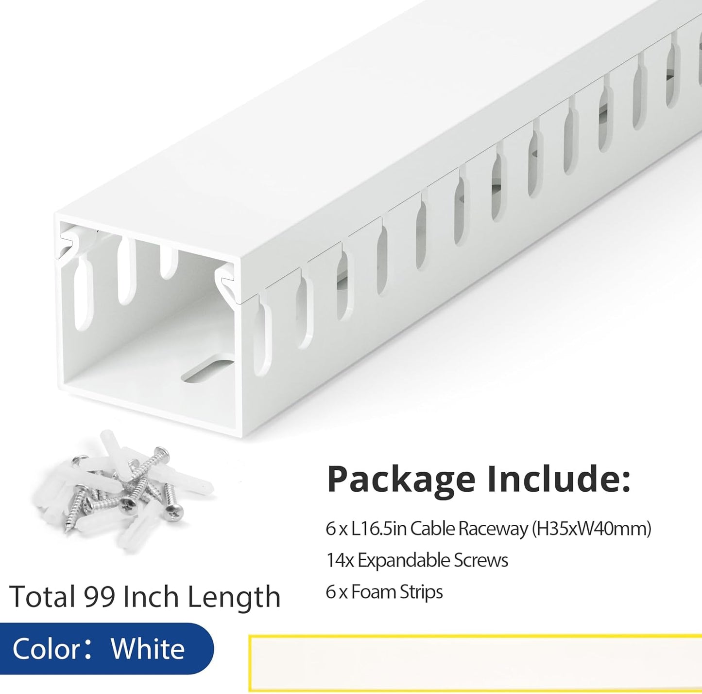 99in(6X L16.5in) Professional Server Rack Cable Management Raceway, H1.4in x W1.6in Cable Raceway Kit, Electrically Safe PVC Open Slot Wire Raceway for Under Desk/Computer/Network Cords, White